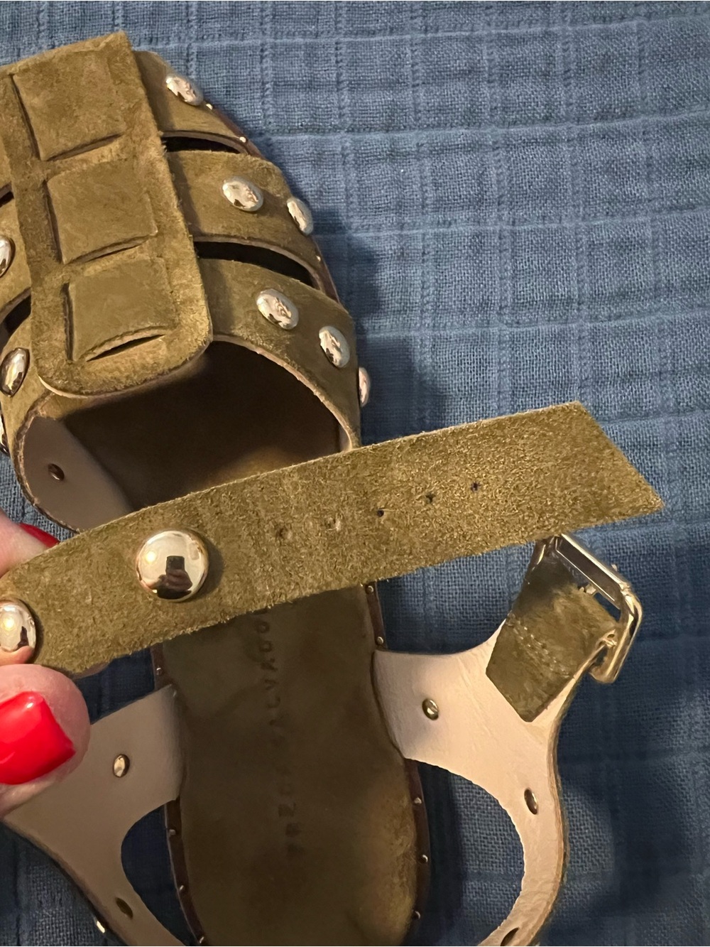 Freda Salvador: Sera Fisherman Sandal - Olive Suede w/ Gold Studs EUC - Picture 9 of 13
